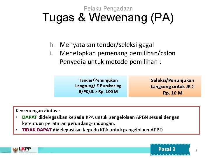 Pelaku Pengadaan Tugas & Wewenang (PA) h. Menyatakan tender/seleksi gagal i. Menetapkan pemenang pemilihan/calon