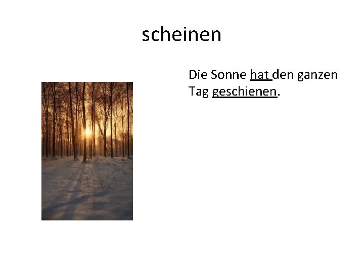 scheinen Die Sonne hat den ganzen Tag geschienen. 