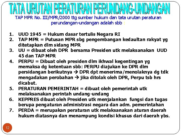 TAP MPR No. III/MPR/2000 ttg sumber hukum dan tata urutan peraturan perundangan-undangan adalah sbb