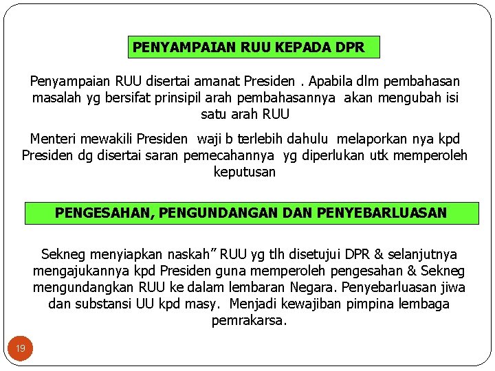 PENYAMPAIAN RUU KEPADA DPR Penyampaian RUU disertai amanat Presiden. Apabila dlm pembahasan masalah yg