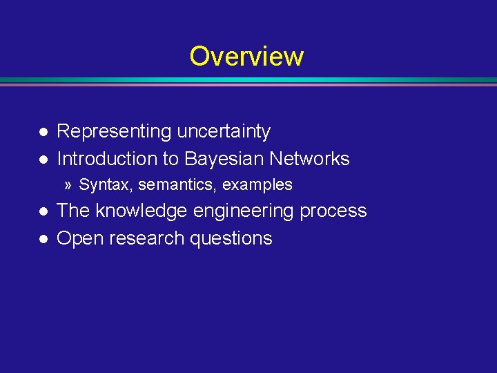 Overview l l Representing uncertainty Introduction to Bayesian Networks » Syntax, semantics, examples l