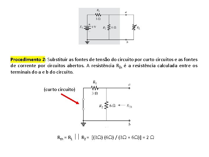 Procedimento 2: Substituir as fontes de tensão do circuito por curto circuitos e as