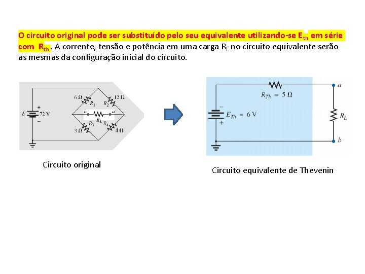 O circuito original pode ser substituído pelo seu equivalente utilizando se E th em