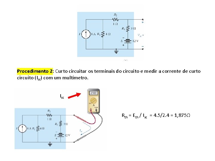 Procedimento 2: Curto circuitar os terminais do circuito e medir a corrente de curto