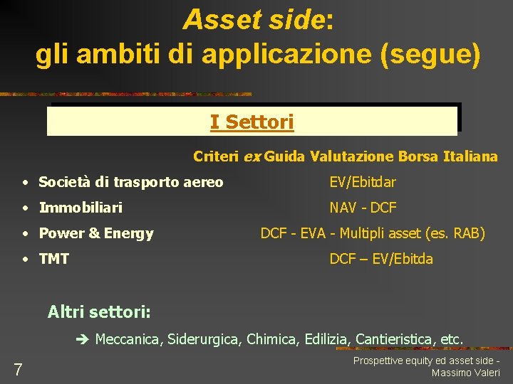 Asset side: gli ambiti di applicazione (segue) I Settori Criteri ex Guida Valutazione Borsa