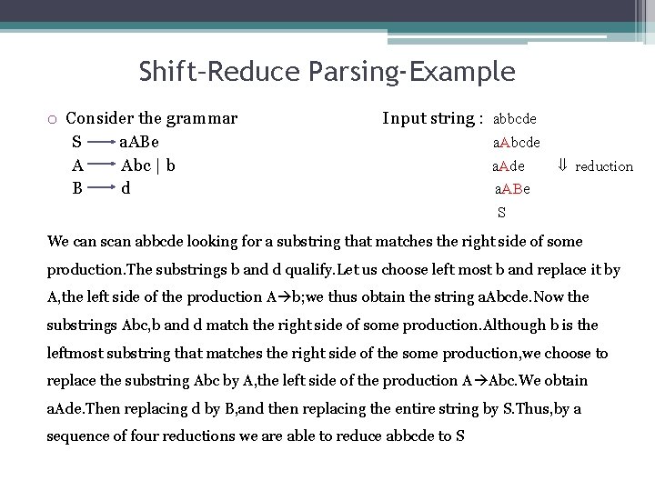 Shift–Reduce Parsing-Example o Consider the grammar S a. ABe A Abc | b B