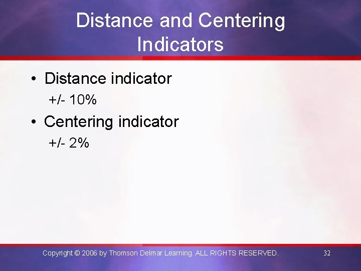 Distance and Centering Indicators • Distance indicator +/- 10% • Centering indicator +/- 2%