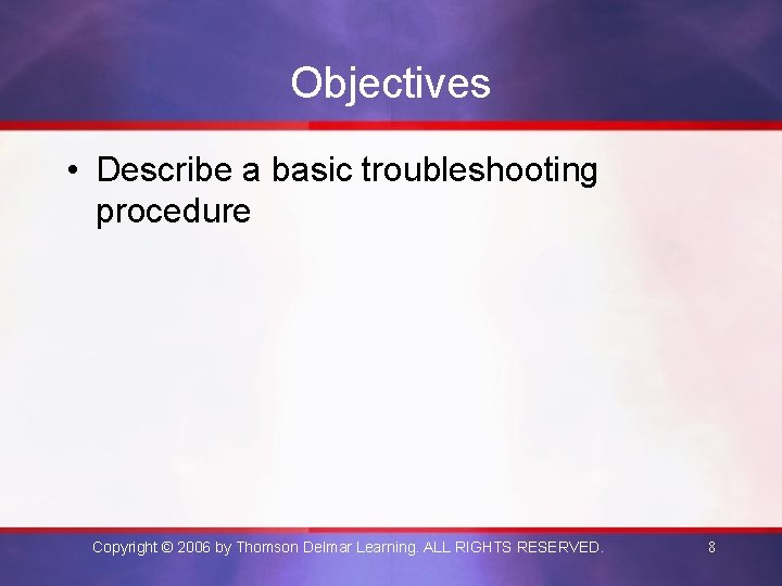 Objectives • Describe a basic troubleshooting procedure Copyright © 2006 by Thomson Delmar Learning.