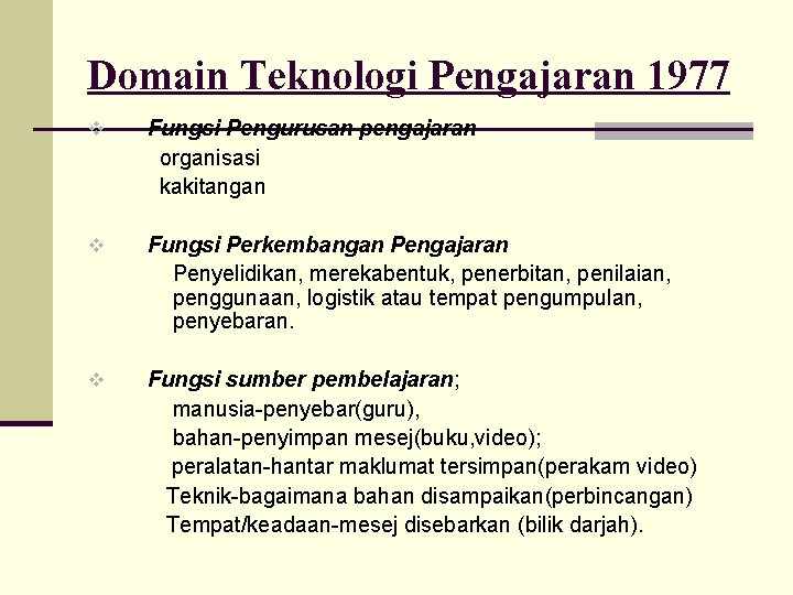 Domain Teknologi Pengajaran 1977 v Fungsi Pengurusan pengajaran organisasi kakitangan v Fungsi Perkembangan Pengajaran