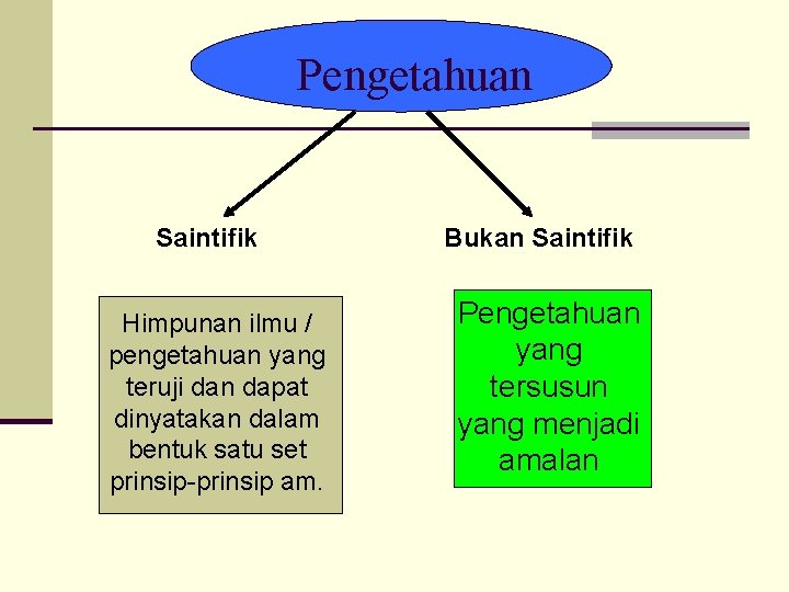 Pengetahuan Saintifik Himpunan ilmu / pengetahuan yang teruji dan dapat dinyatakan dalam bentuk satu