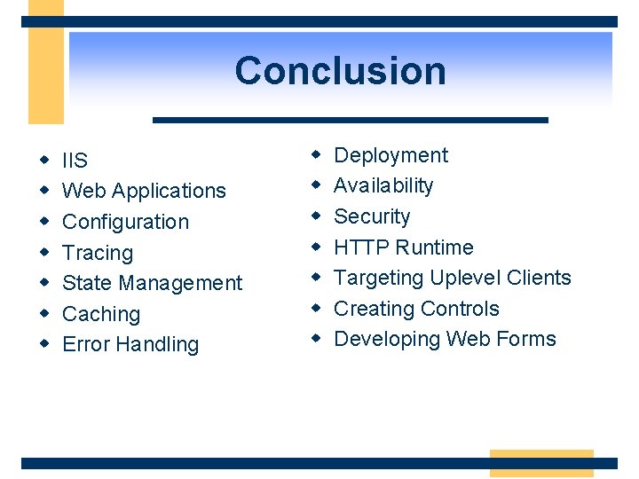 Conclusion w w w w IIS Web Applications Configuration Tracing State Management Caching Error