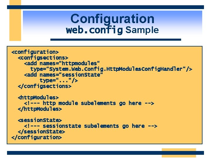 Configuration web. config Sample <configuration> <configsections> <add names=“httpmodules“ type=“System. Web. Config. Http. Modules. Config.