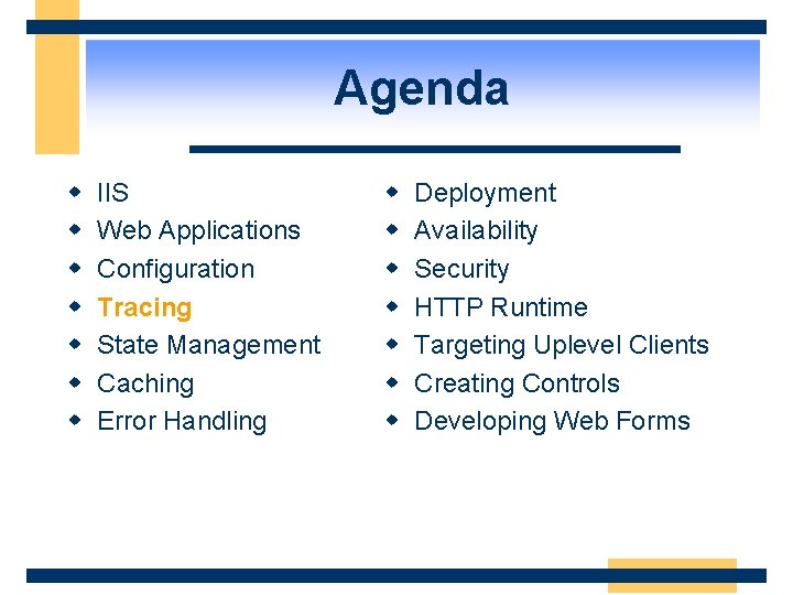 Agenda w w w w IIS Web Applications Configuration Tracing State Management Caching Error
