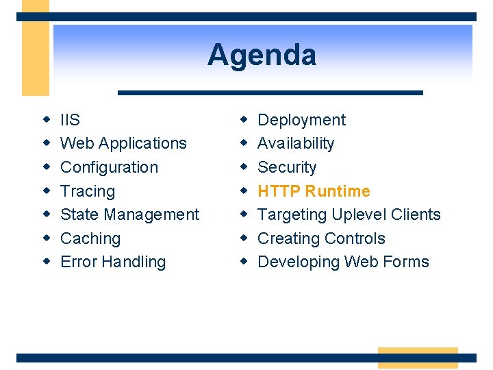 Agenda w w w w IIS Web Applications Configuration Tracing State Management Caching Error