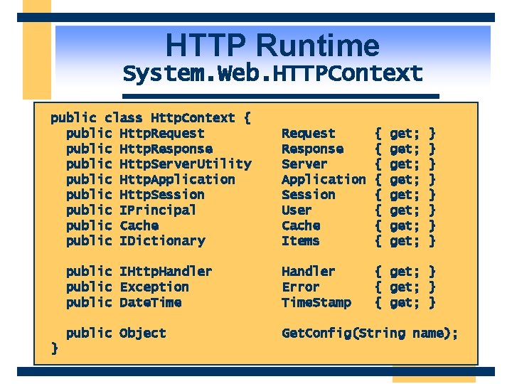 HTTP Runtime System. Web. HTTPContext public class Http. Context { public Http. Request public