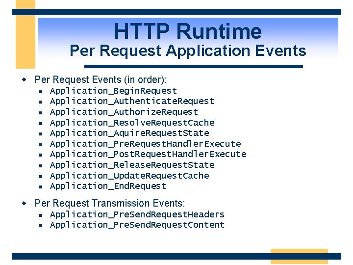 HTTP Runtime Per Request Application Events w Per Request Events (in order): n n