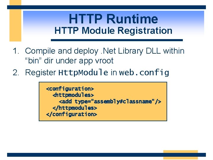 HTTP Runtime HTTP Module Registration 1. Compile and deploy. Net Library DLL within “bin”