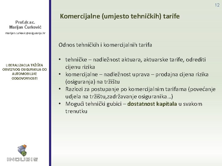 12 Prof. dr. sc. Marijan Ćurković marijan. curkovic@osiguranje. hr LIBERALIZACIJA TRŽIŠTA OBVEZNOG OSIGURANJA OD