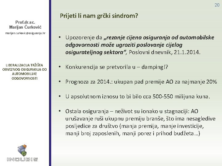 20 Prijeti li nam grčki sindrom? Prof. dr. sc. Marijan Ćurković marijan. curkovic@osiguranje. hr