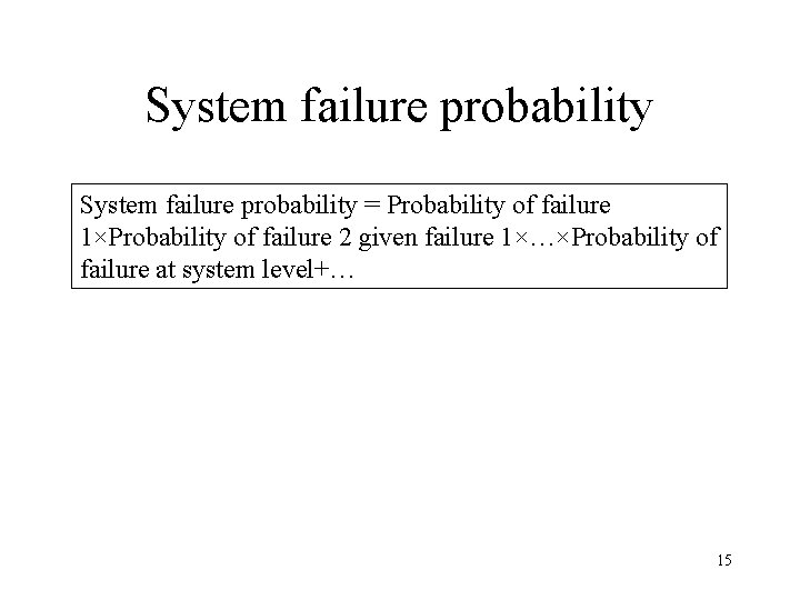 System failure probability = Probability of failure 1×Probability of failure 2 given failure 1×…×Probability