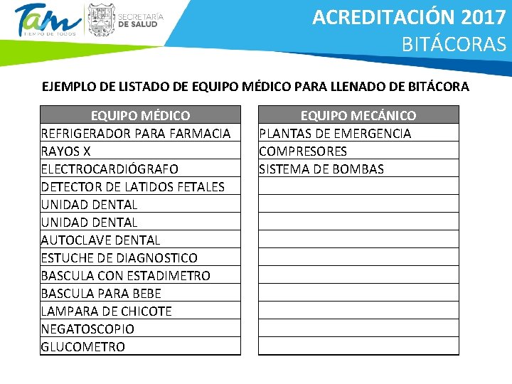 ACREDITACIÓN 2017 BITÁCORAS EJEMPLO DE LISTADO DE EQUIPO MÉDICO PARA LLENADO DE BITÁCORA EQUIPO
