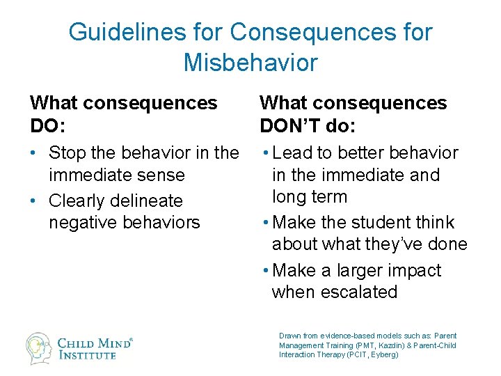Guidelines for Consequences for Misbehavior What consequences DO: What consequences DON’T do: • Stop