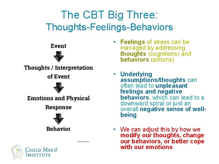 The CBT Big Three: Thoughts-Feelings-Behaviors • Feelings of stress can be managed by addressing