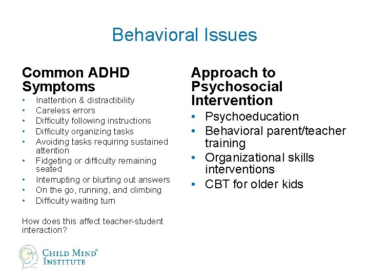 Behavioral Issues Common ADHD Symptoms • • • Inattention & distractibility Careless errors Difficulty