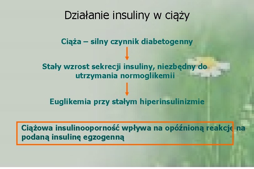 Działanie insuliny w ciąży Ciąża – silny czynnik diabetogenny Stały wzrost sekrecji insuliny, niezbędny