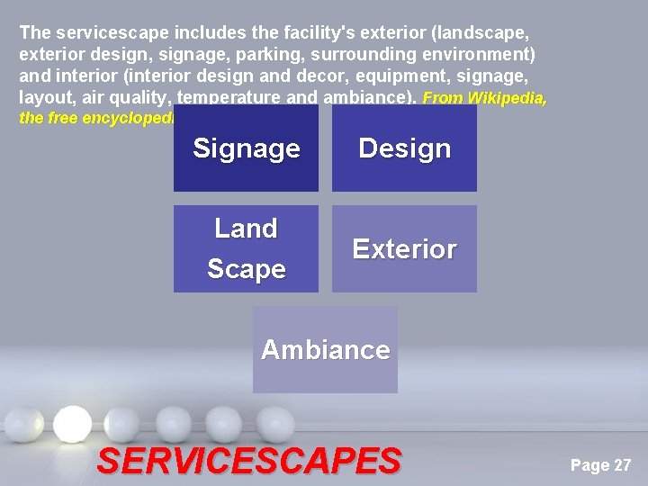 The servicescape includes the facility's exterior (landscape, exterior design, signage, parking, surrounding environment) and