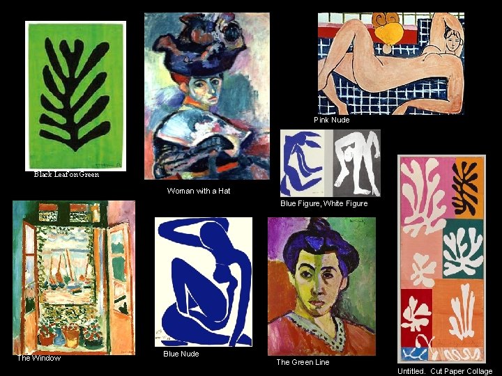 Pink Nude Black Leaf on Green Woman with a Hat Blue Figure, White Figure