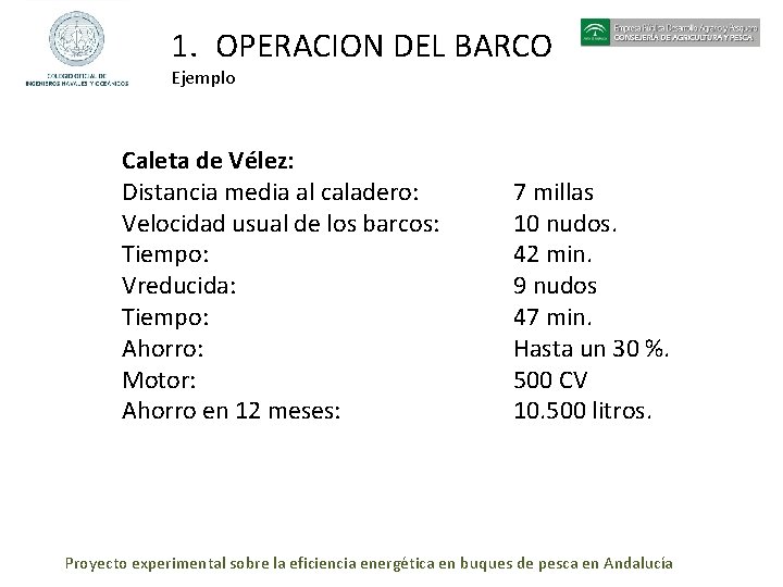 1. OPERACION DEL BARCO Ejemplo Caleta de Vélez: Distancia media al caladero: Velocidad usual