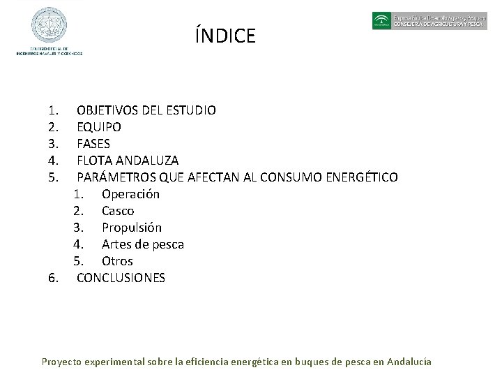 ÍNDICE 1. 2. 3. 4. 5. 6. OBJETIVOS DEL ESTUDIO EQUIPO FASES FLOTA ANDALUZA