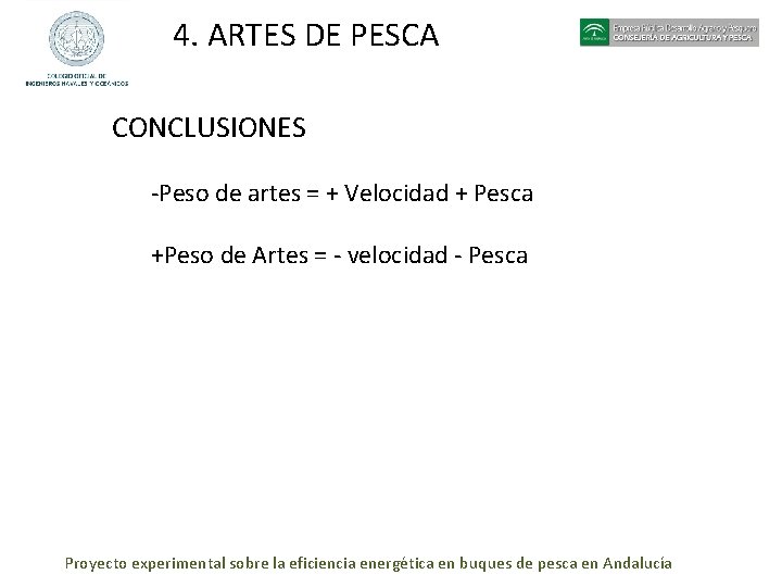 4. ARTES DE PESCA CONCLUSIONES -Peso de artes = + Velocidad + Pesca +Peso