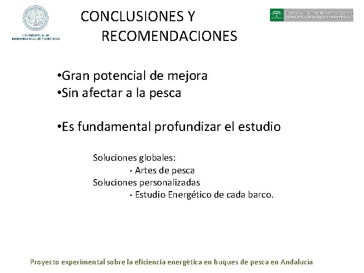 CONCLUSIONES Y RECOMENDACIONES • Gran potencial de mejora • Sin afectar a la pesca