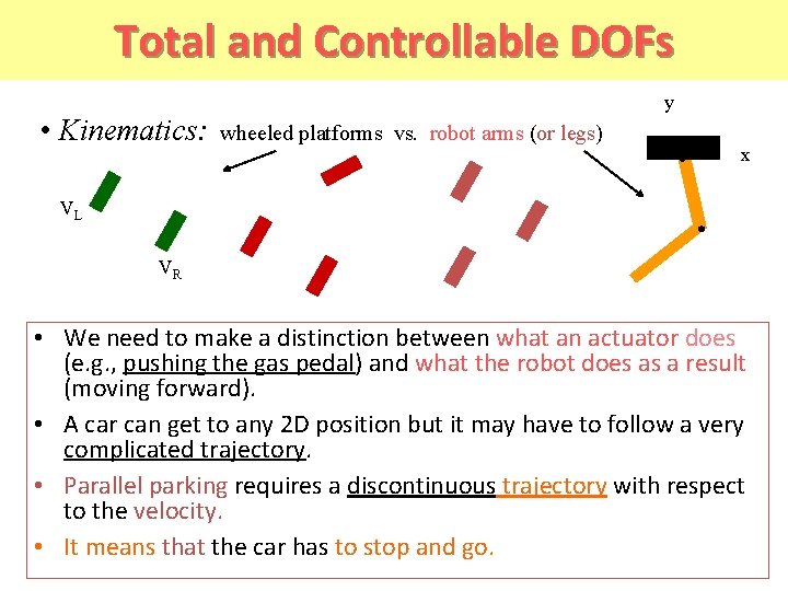 Total and Controllable DOFs • Kinematics: y wheeled platforms vs. robot arms (or legs)