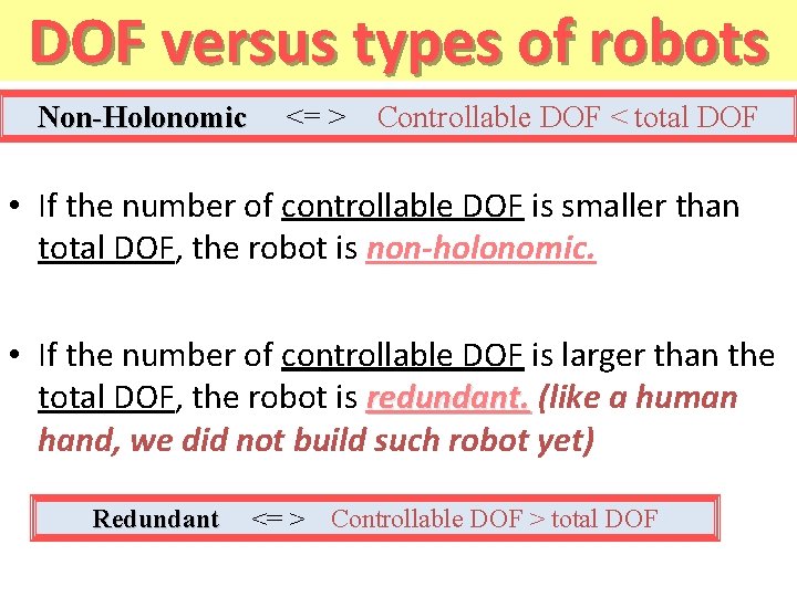 DOF versus types of robots Non-Holonomic <= > Controllable DOF < total DOF •