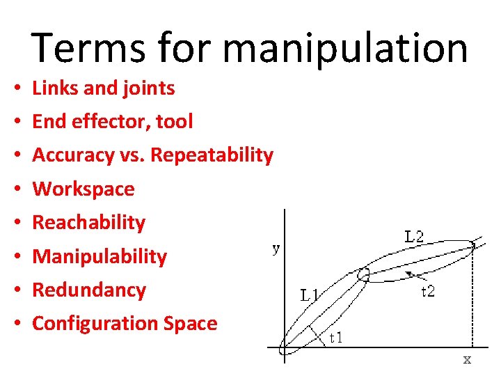  • • Terms for manipulation Links and joints End effector, tool Accuracy vs.