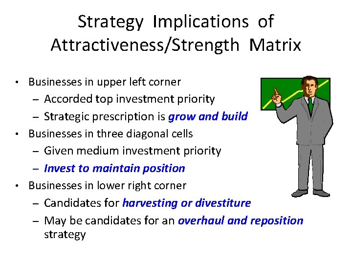 Strategy Implications of Attractiveness/Strength Matrix Businesses in upper left corner – Accorded top investment