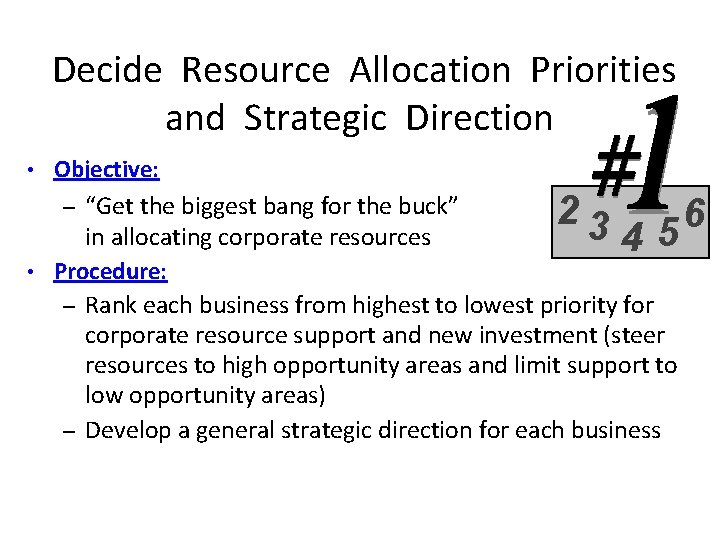  Decide Resource Allocation Priorities and Strategic Direction Objective: – “Get the biggest bang
