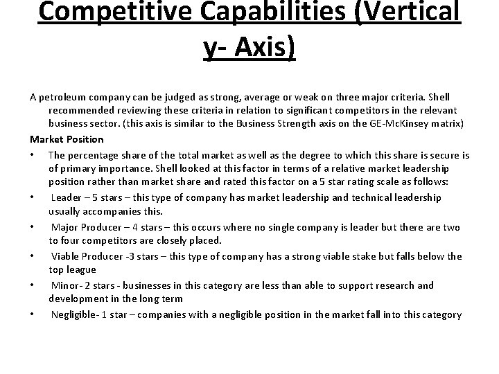 Competitive Capabilities (Vertical y- Axis) A petroleum company can be judged as strong, average