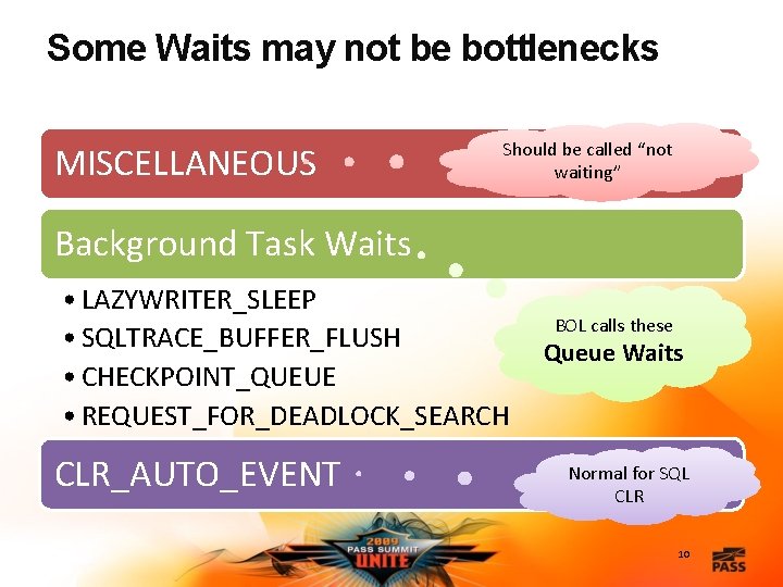 Some Waits may not be bottlenecks MISCELLANEOUS Should be called “not waiting” Background Task