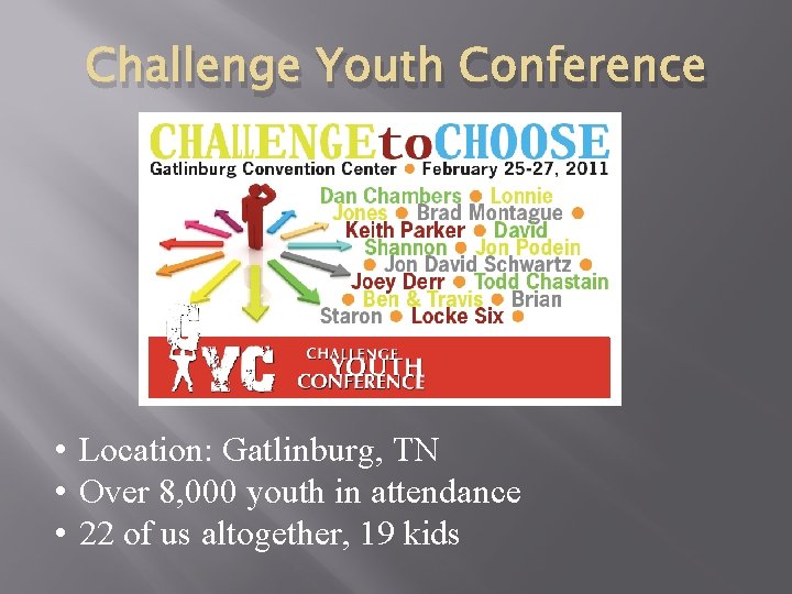 Challenge Youth Conference • Location: Gatlinburg, TN • Over 8, 000 youth in attendance