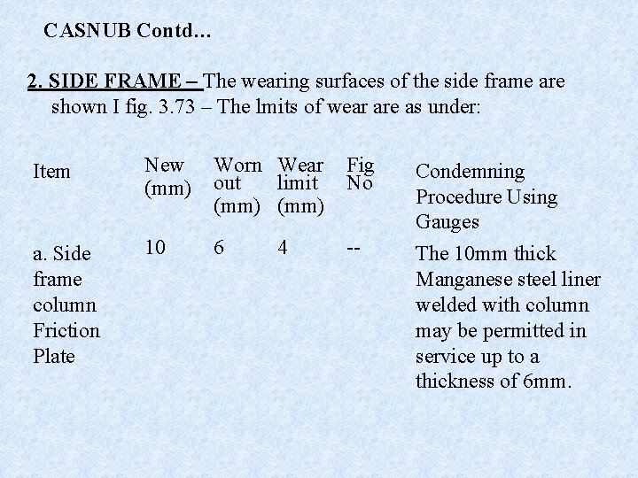 CASNUB Contd… 2. SIDE FRAME – The wearing surfaces of the side frame are