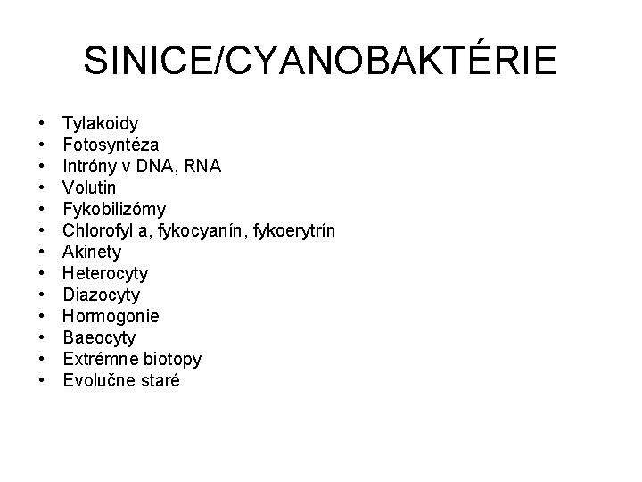 SINICE/CYANOBAKTÉRIE • • • • Tylakoidy Fotosyntéza Intróny v DNA, RNA Volutin Fykobilizómy Chlorofyl SINICE/CYANOBAKTÉRIE • • • • Tylakoidy Fotosyntéza Intróny v DNA, RNA Volutin Fykobilizómy Chlorofyl