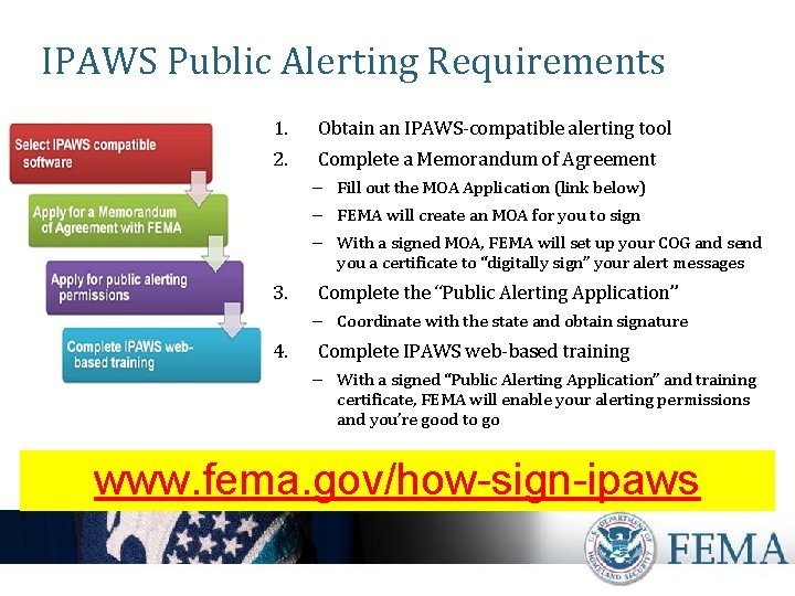 IPAWS Public Alerting Requirements 1. Obtain an IPAWS-compatible alerting tool 2. Complete a Memorandum