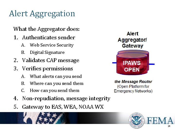 Alert Aggregation What the Aggregator does: 1. Authenticates sender A. Web Service Security B.