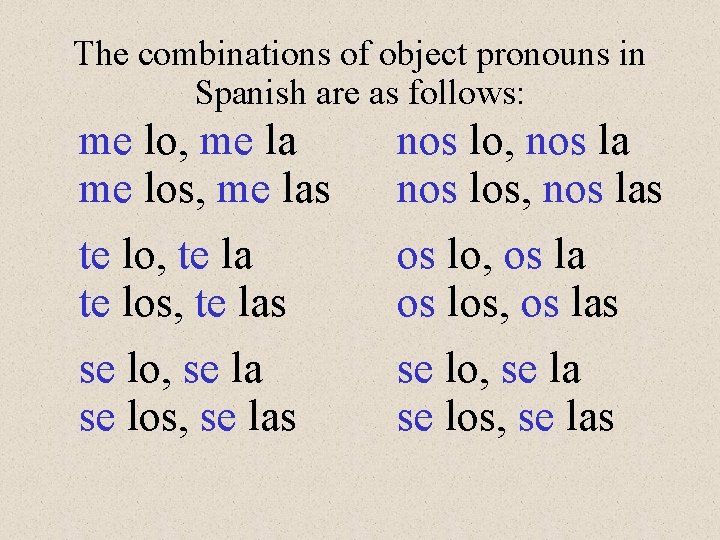 The combinations of object pronouns in Spanish are as follows: me lo, me la