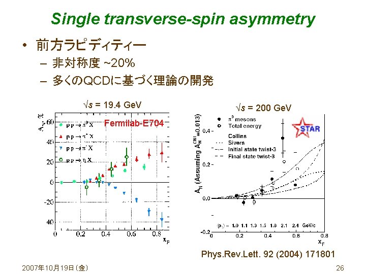 Single transverse-spin asymmetry • 前方ラピディティー – 非対称度 ~20% – 多くのQCDに基づく理論の開発 s = 19. 4