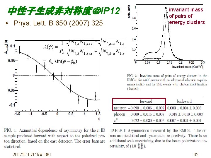 中性子生成非対称度＠IP 12 • Phys. Lett. B 650 (2007) 325. 2007年 10月19日（金） invariant mass of